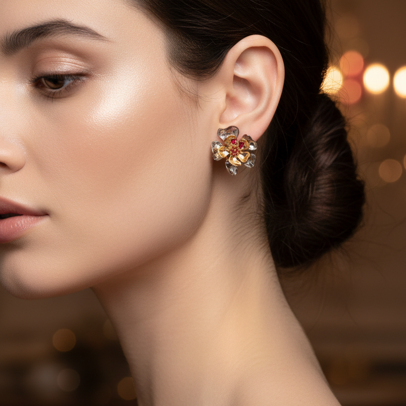 Sculpted Layered Buttercup Flower Stud Earrings – Two-Tone Metallic Floral Jewelry (ER39701GS)