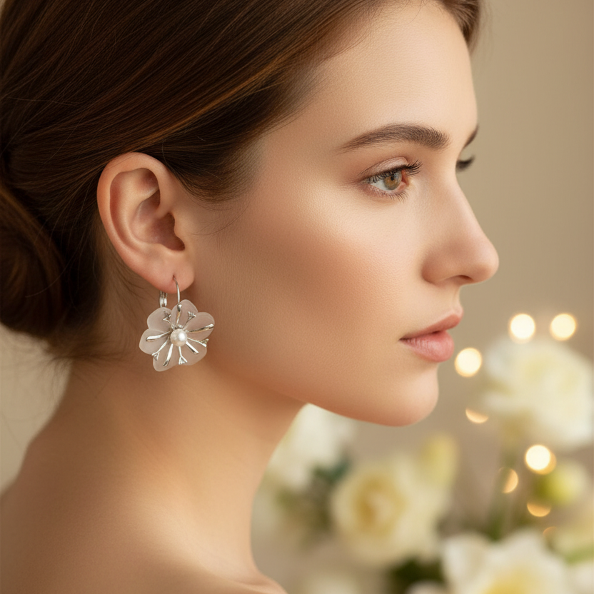 Metal Frost Petunia Floral Hoop Earrings with Pearl Center (ER39712GS)
