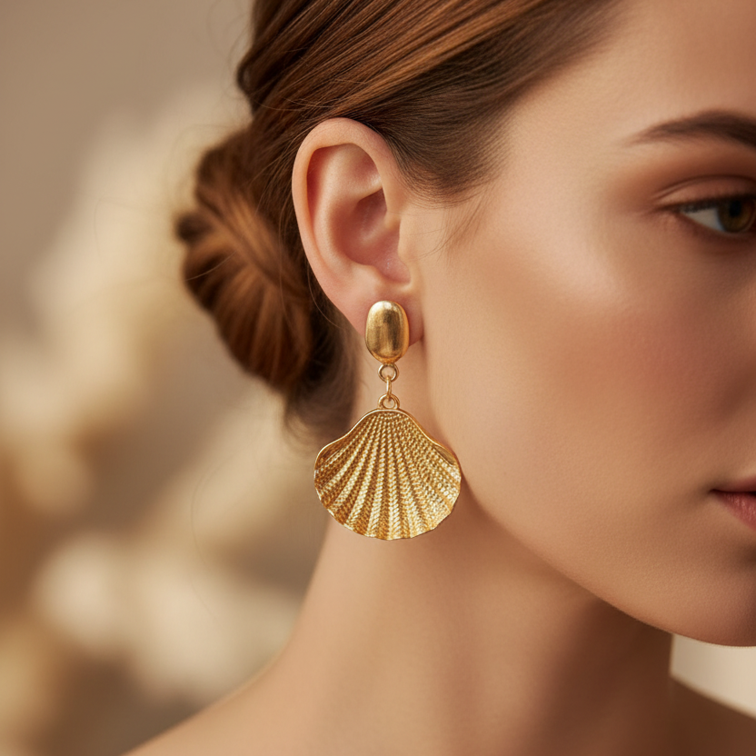 Textured Seashell Oval Drop Earrings – Gold & Silver Metallic Shell Dangle Earrings (ER39728GS)