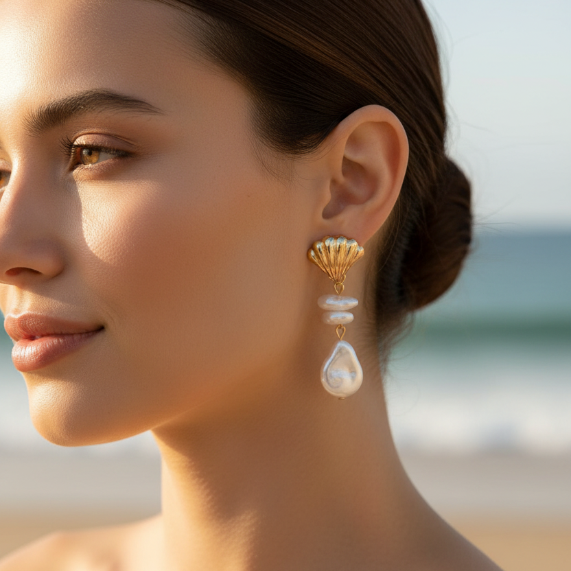 Natural Pearl Shell Drop Earrings – Seashell & Baroque Pearl Dangle Earrings in Gold & Silver (ER39741)