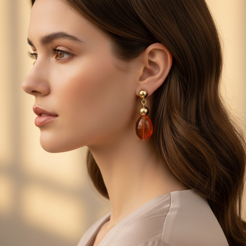 Gemstone Bead Molten Drop Earrings - 18K Gold Plated Textured Dangle Earrings for Women, Handcrafted Natural Stone Oval Bead Jewelry Set (4-Color Assortment)