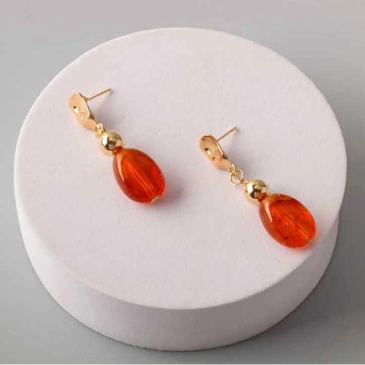 Gemstone Bead Molten Drop Earrings - 18K Gold Plated Textured Dangle Earrings for Women, Handcrafted Natural Stone Oval Bead Jewelry Set (4-Color Assortment)