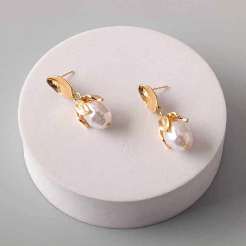 Pearl Bud Leaf Drop Earrings – Gold Botanical Dangle Earrings for Women (ER39797)