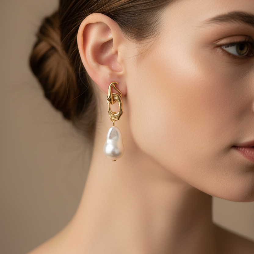 Molten Linked Oyster Pearl Drop Earrings – Gold Organic Chain & Pearl Statement Jewelry (ER39798)