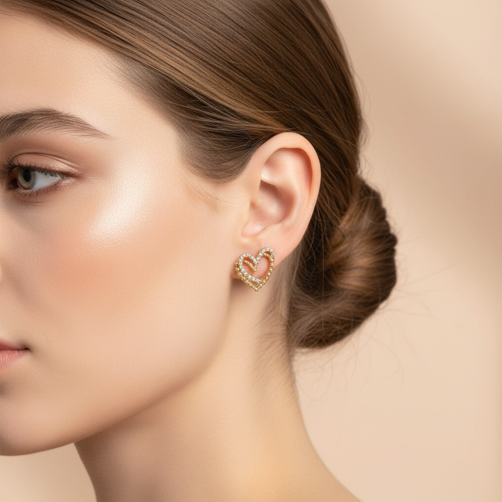 Rhinestone Layered Heart Stud Earrings | Double Heart Pavé Post Earrings (Gold & Silver) (ER39877GS)