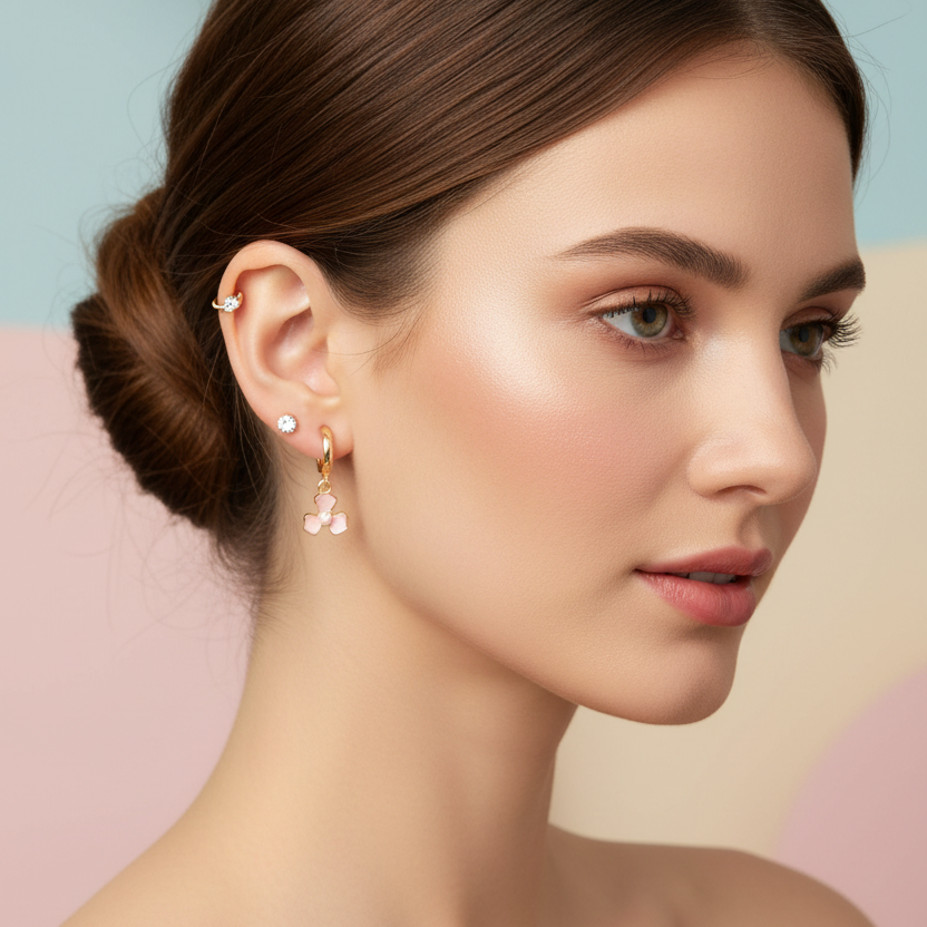 3-Pair Mix Orchid Huggie & Stud Earring Set – Gold Floral Hoop Earrings (ER39883)