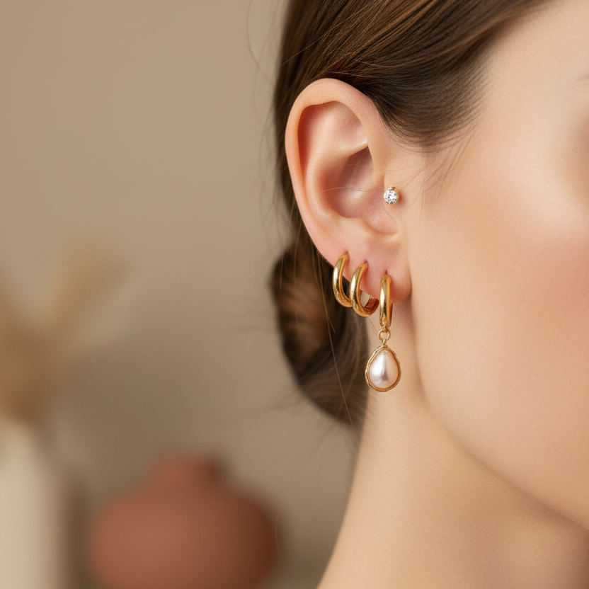 Mix Pearl Teardrop Huggie Earring Set - 3-Pair Gold & Silver Minimalist Hoop and Stud Set (ER39887)