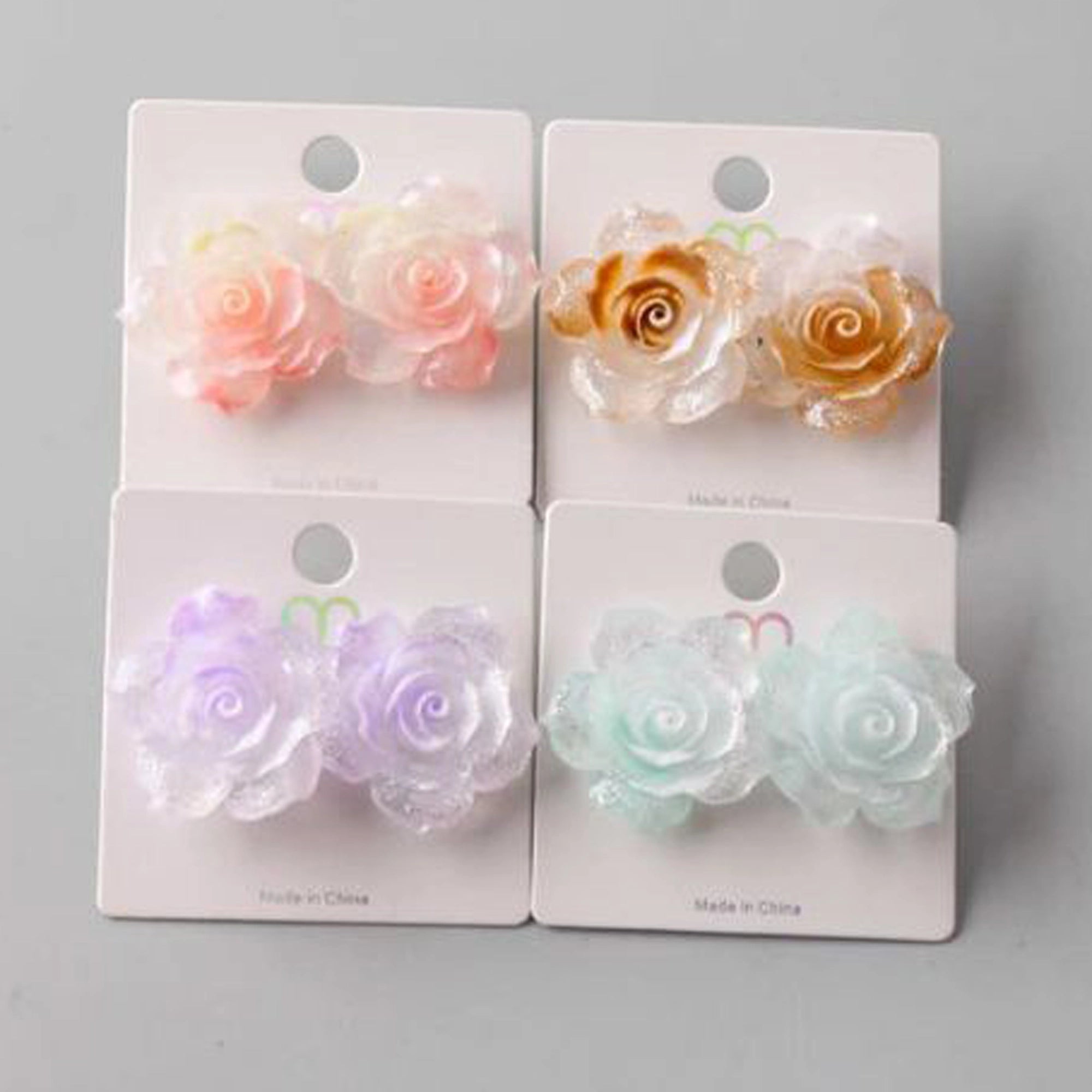 Elegant Spray Pearlized Rose Stud Earrings - Set of 4 Shimmering Floral Styles (ER39992)