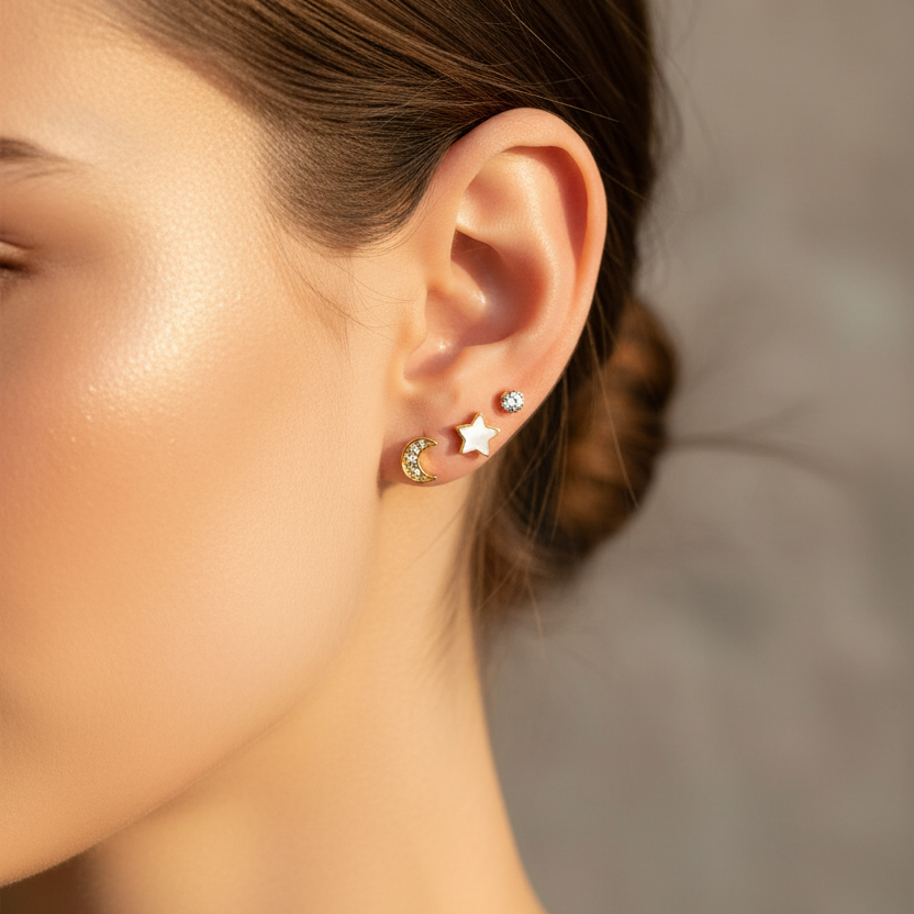 Celestial Stud Earring Set - Gold &amp; Silver Tone Moon, Star, and CZ Crystal Earrings for Multiple Piercings (ER40085GS)