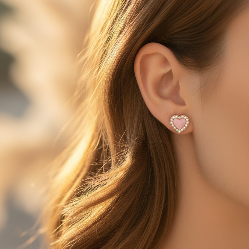 3 pair Mix Heart Stud Earring Set - Gold Tone Pink Enamel & Rhinestone Heart Earrings Pack (ER40086)