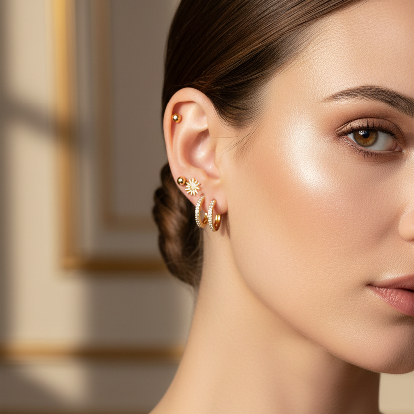 3-Pair Earring Set – Mix Textured Sun, Rhinestone Huggie Hoops & Ball Studs (Gold & Silver Assortment, 2 Styles Per Dozen Pack) (ER40091GS)