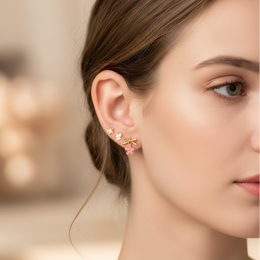 Mix Garden Bow Stud Earring Set – 3-Pair Gold-Plated Dainty Butterfly, Floral, & Rhinestone Earrings (ER40095)