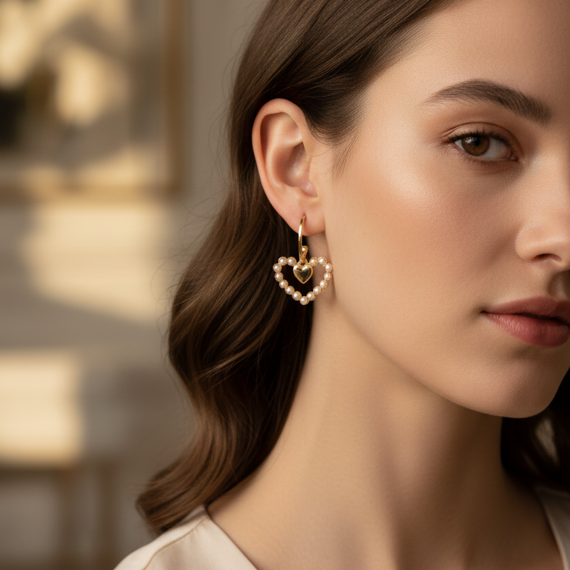 Faux Pearl Heart Hoop Earrings - Romantic Drop Earrings for Women (ER40113G)