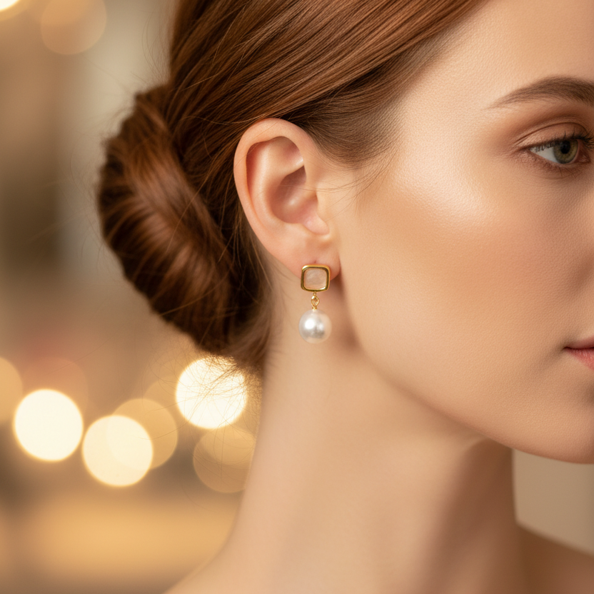 Elegant 14K Gold Plated Pearl Drop Earrings – Geometric Square & Heart Inlay Pearl Dangle Earrings for Women, 2-Style Pack (ER40119G)