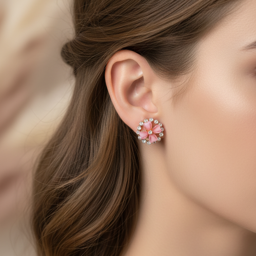 Glass Petunia Circle Button Stud Earrings - Crystal Halo Floral Statement Earrings (4 Colors) (ER40128)