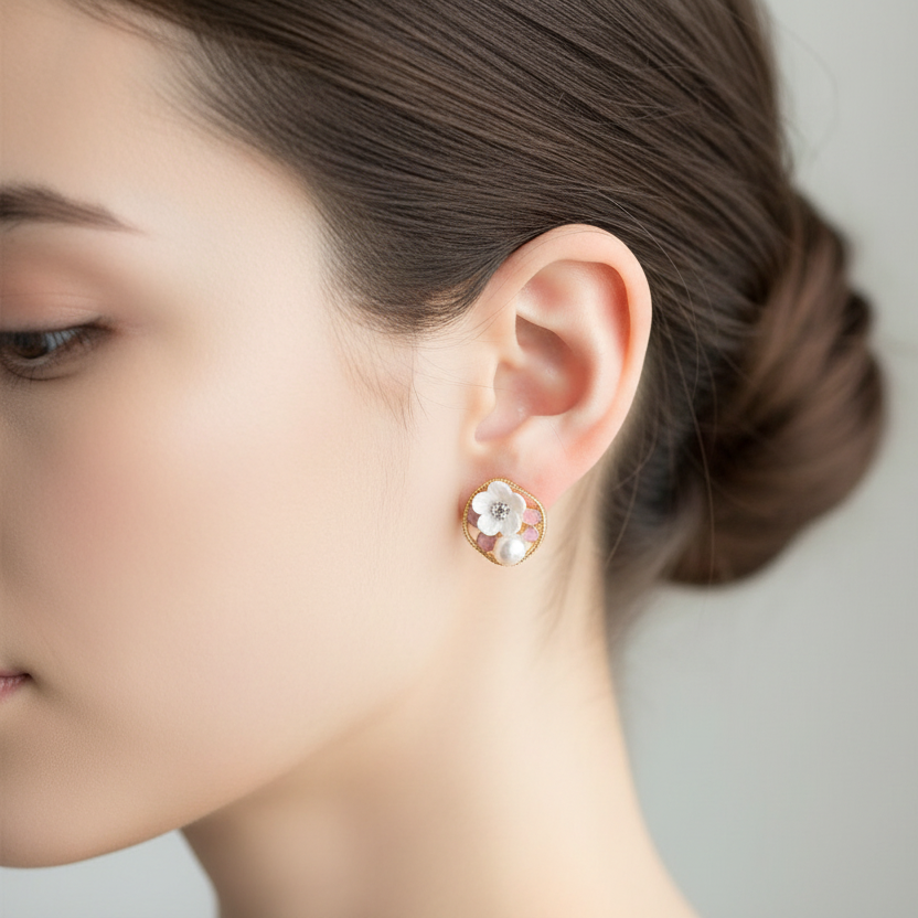 Elegant Cherry Blossom Stud Earrings with Faux Pearl and Crystal Accents – Gold-Tone Floral Jewelry (ER40130)