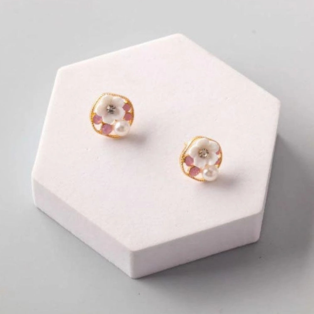 Elegant Cherry Blossom Stud Earrings with Faux Pearl and Crystal Accents – Gold-Tone Floral Jewelry (ER40130)