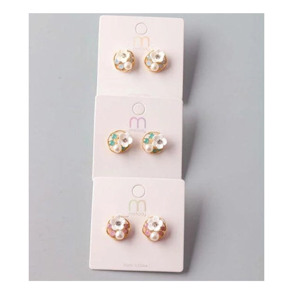Elegant Cherry Blossom Stud Earrings with Faux Pearl and Crystal Accents – Gold-Tone Floral Jewelry (ER40130)