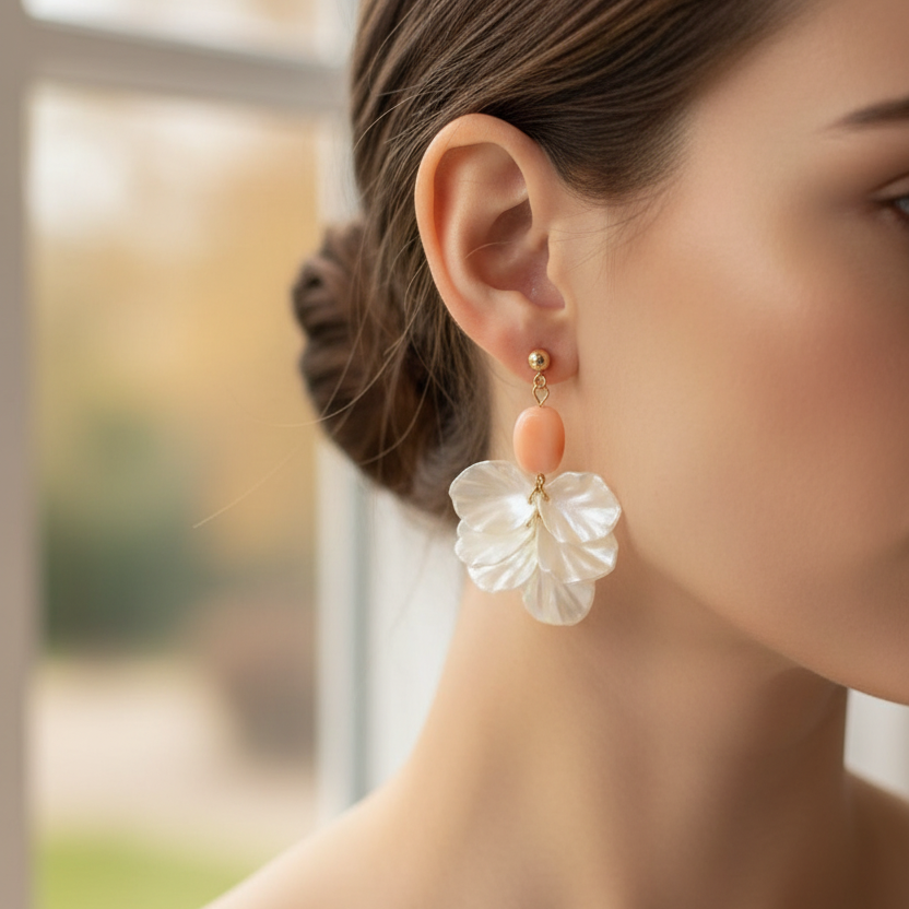 Gem Pearl Petals Tassel Drop Earrings - Mother of Pearl Floral Dangle Earrings with Natural Gemstones (ER40288)