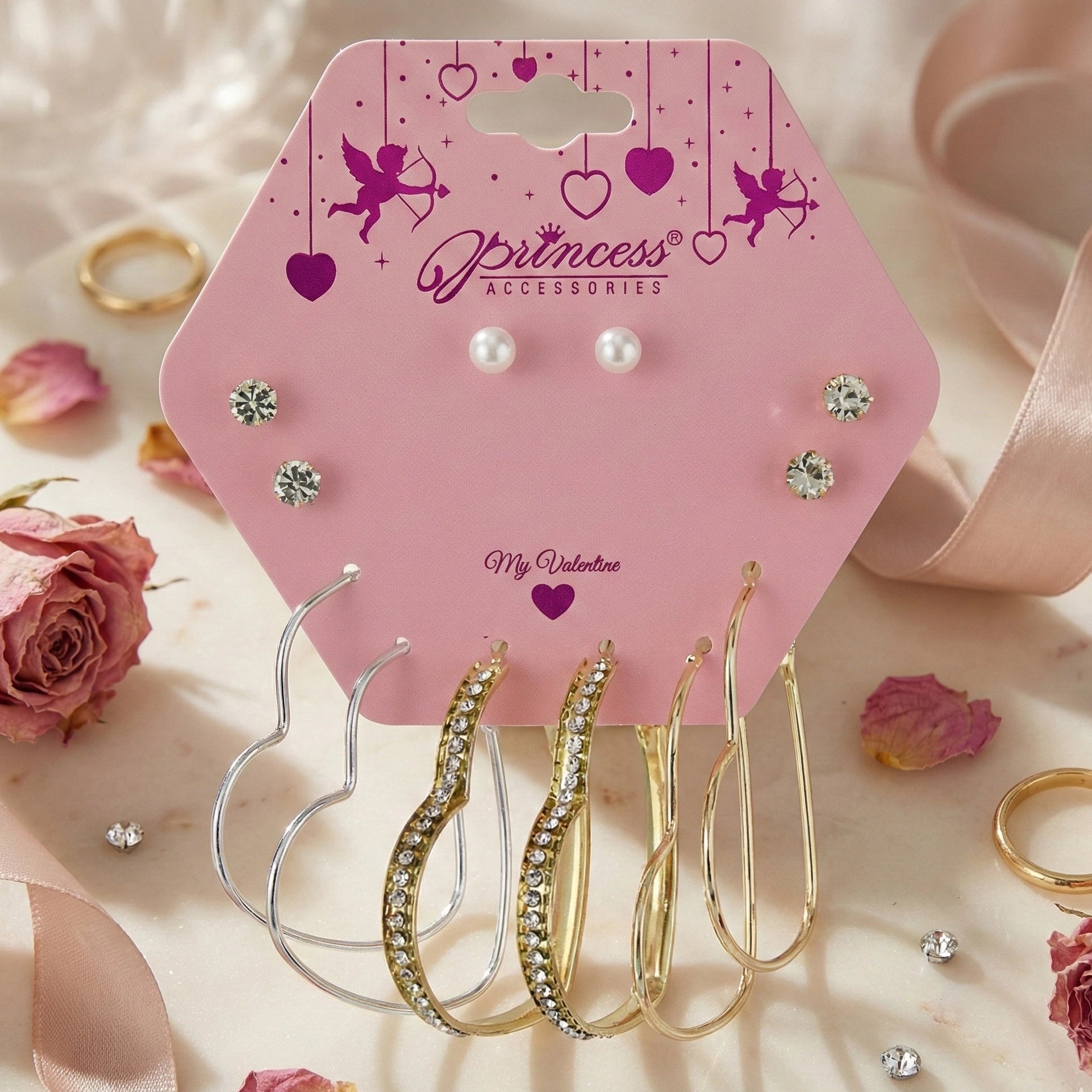 Valentine’s Heart & Stud Earring Set – Gold & Silver Tone (Multi-Pack) (ERH-3086GS)