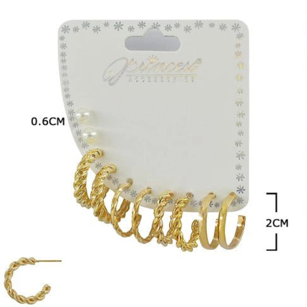 8-Piece Gold & Silver Hoop Earring Set - Faux Pearl Studs and Twisted Rope C-Hoops (ERH-3279GS)