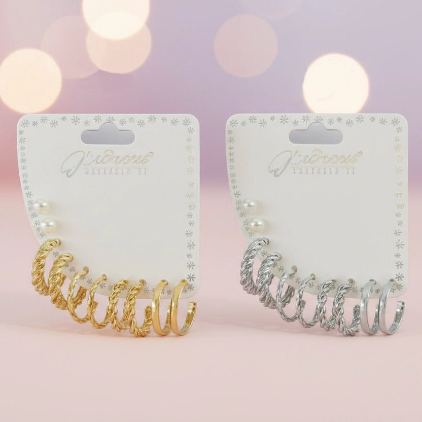 8-Piece Gold & Silver Hoop Earring Set - Faux Pearl Studs and Twisted Rope C-Hoops (ERH-3279GS)