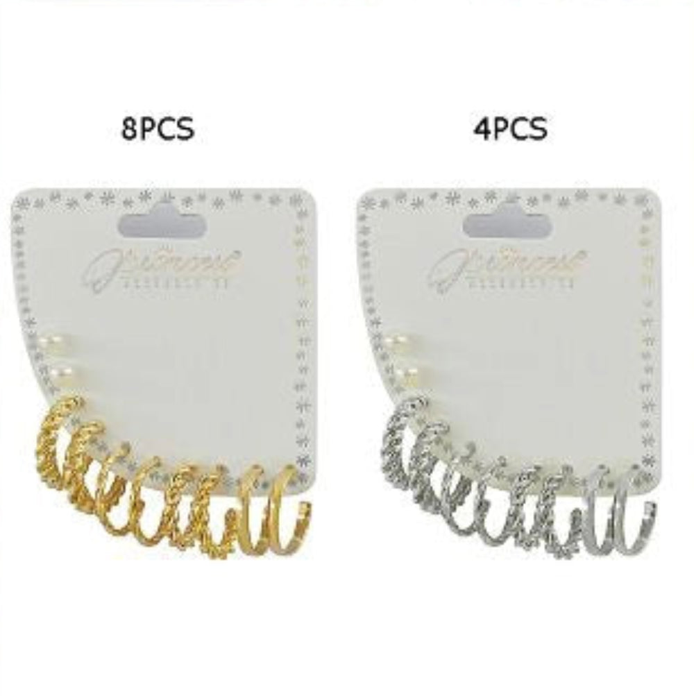 8-Piece Gold & Silver Hoop Earring Set - Faux Pearl Studs and Twisted Rope C-Hoops (ERH-3279GS)