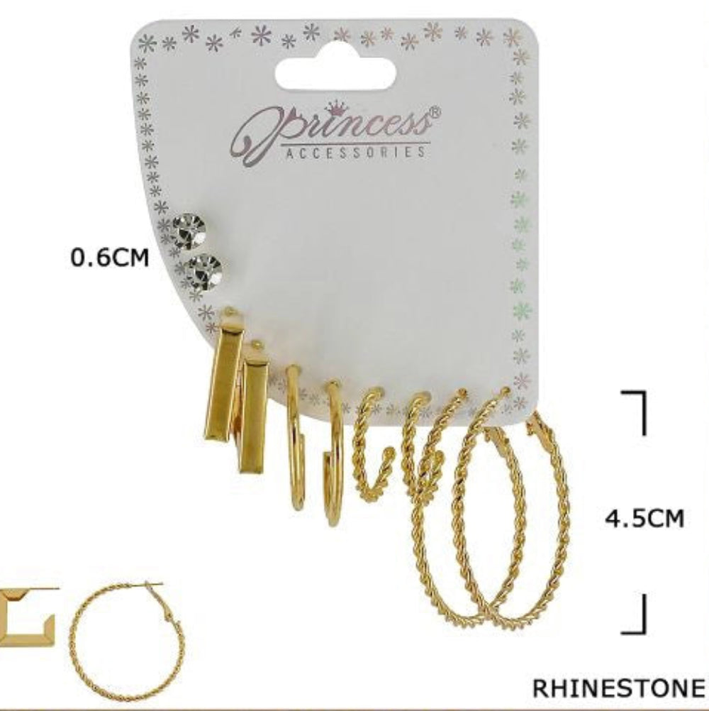 6-Pair Earring Set - Gold & Silver Textured Hoops, Bar Studs, and Rhinestones (ERH-3280GS)