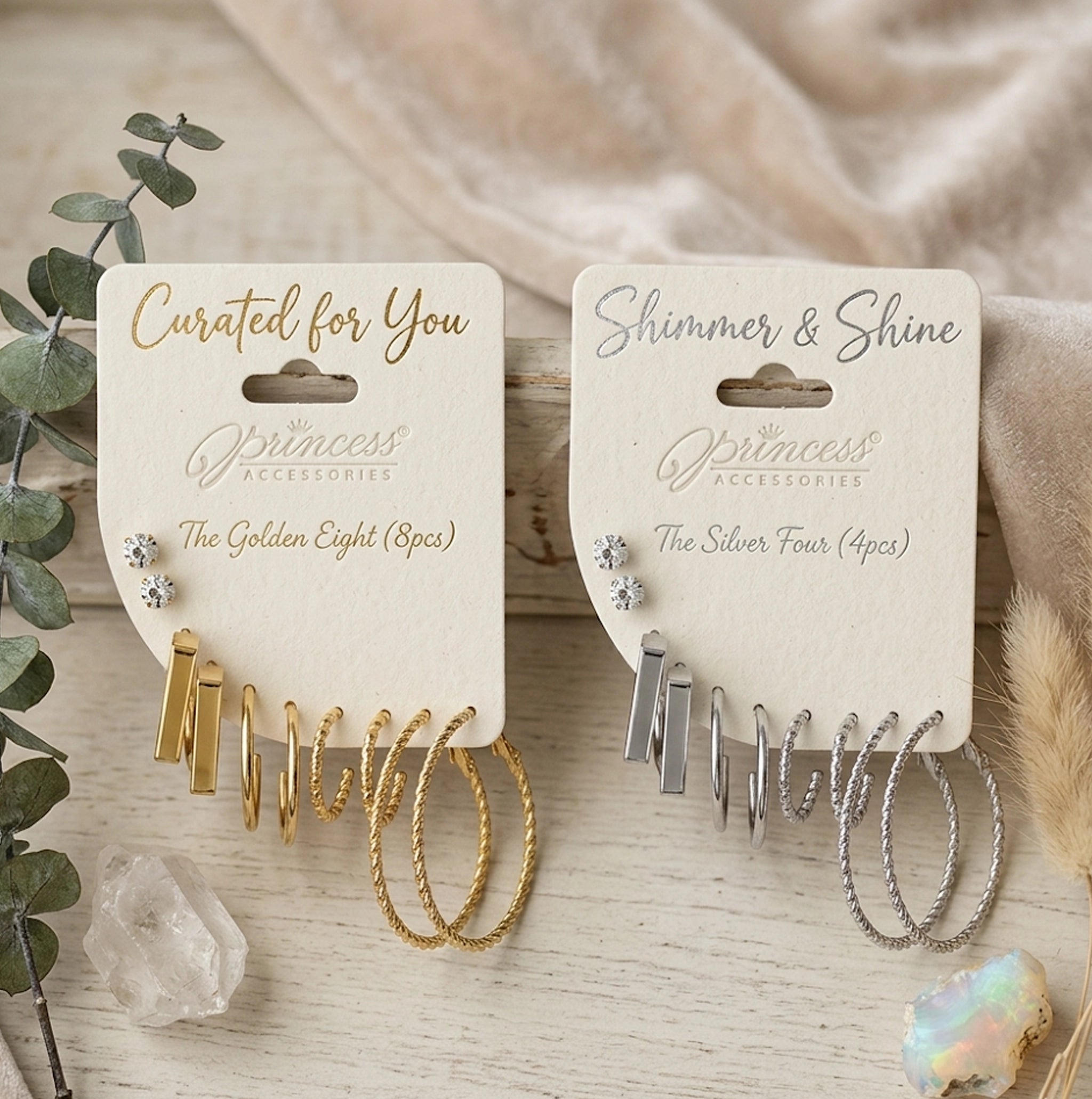 6-Pair Earring Set - Gold & Silver Textured Hoops, Bar Studs, and Rhinestones (ERH-3280GS)