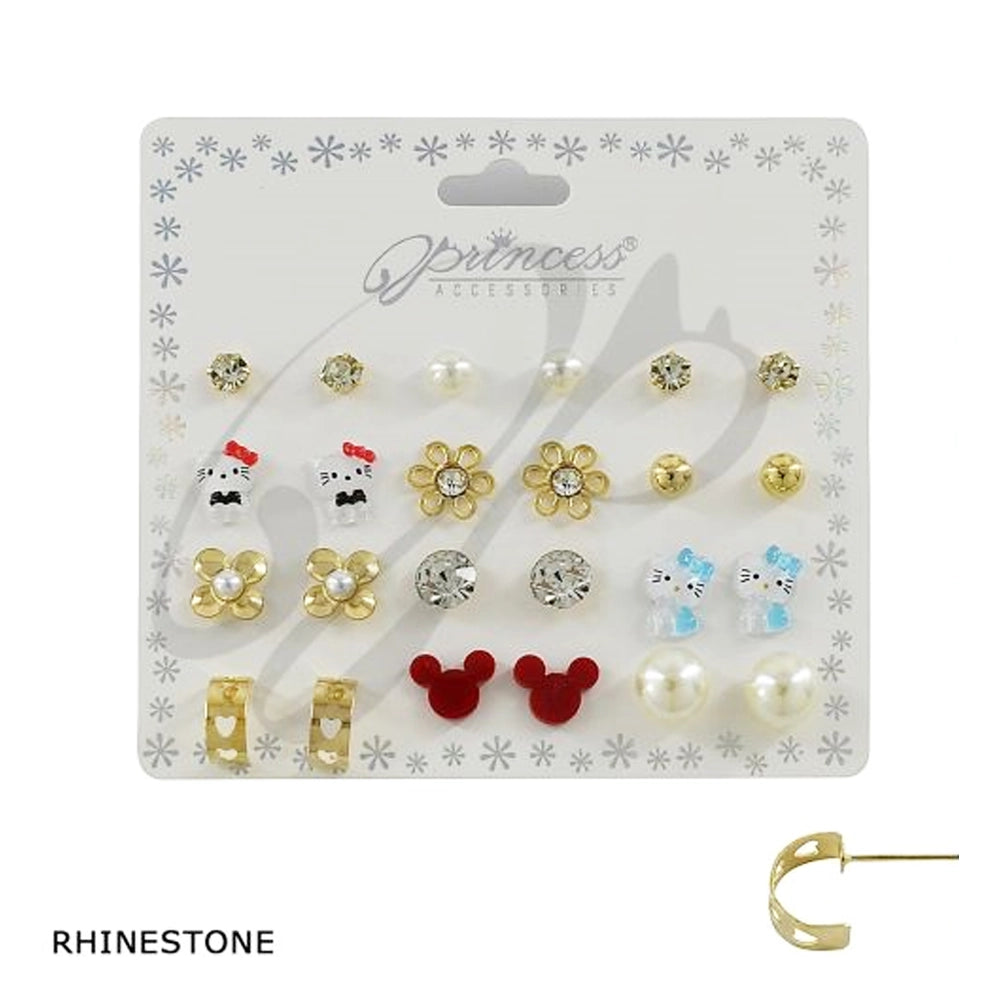 12-Pair Girls’ Stud Earring Set – Princess Accessories Cute Character, Pearl, & Rhinestone Variety Pack (ERM-1165M)