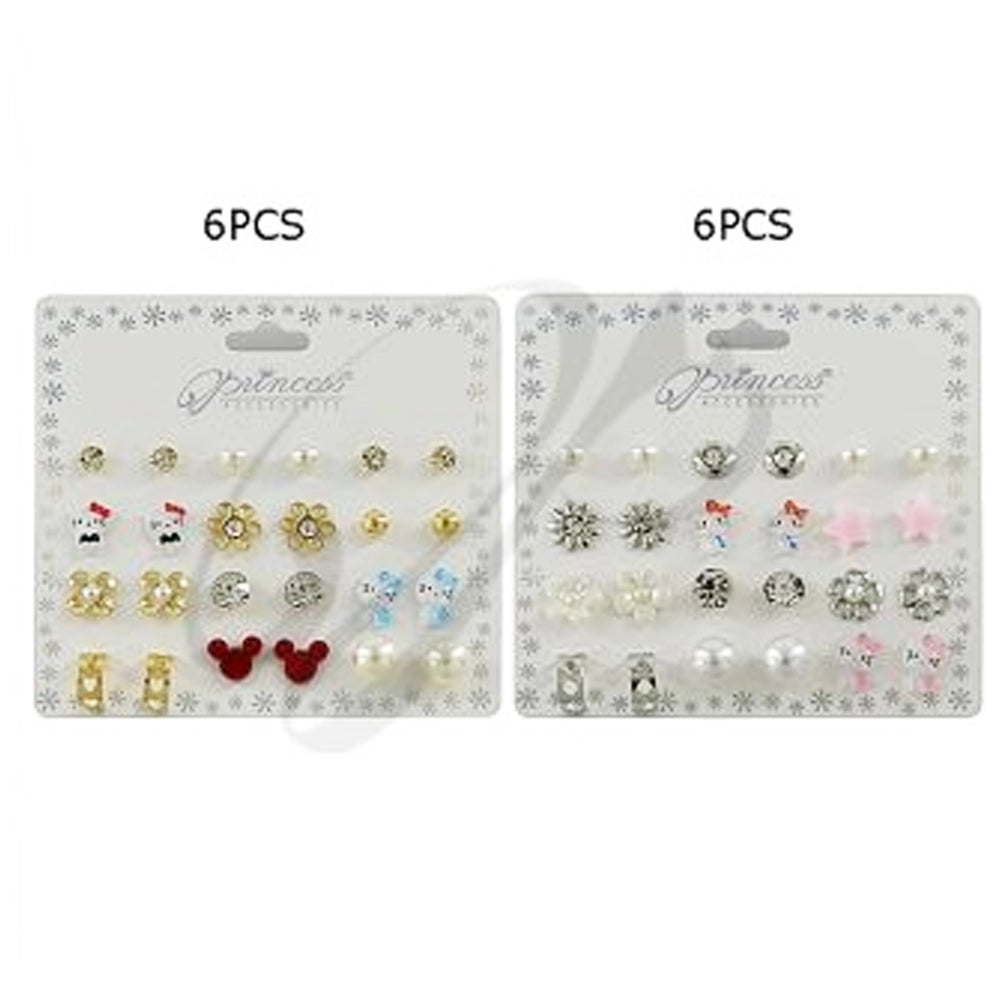 12-Pair Girls’ Stud Earring Set – Princess Accessories Cute Character, Pearl, & Rhinestone Variety Pack (ERM-1165M)