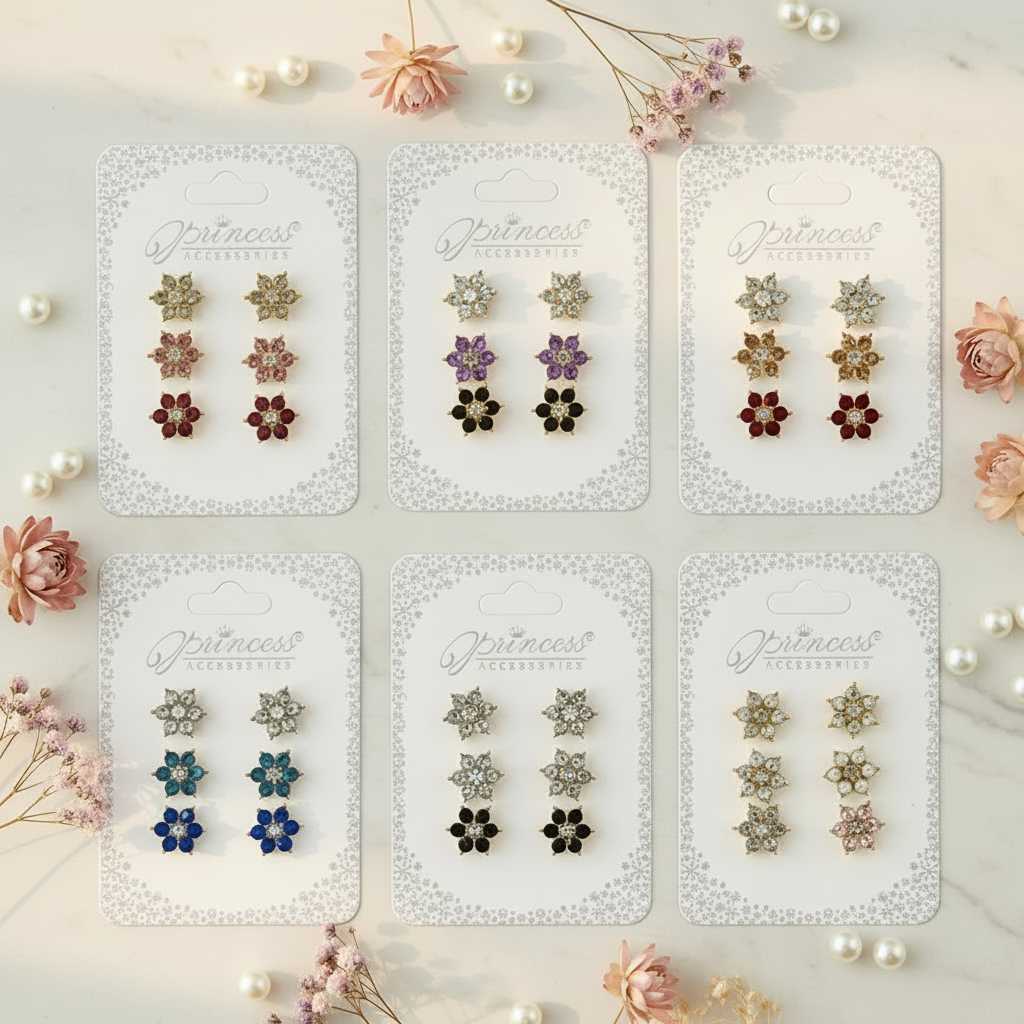Sparkling Rhinestone Flower Stud Earrings – Set of 3 Pairs (ERM-3283M)