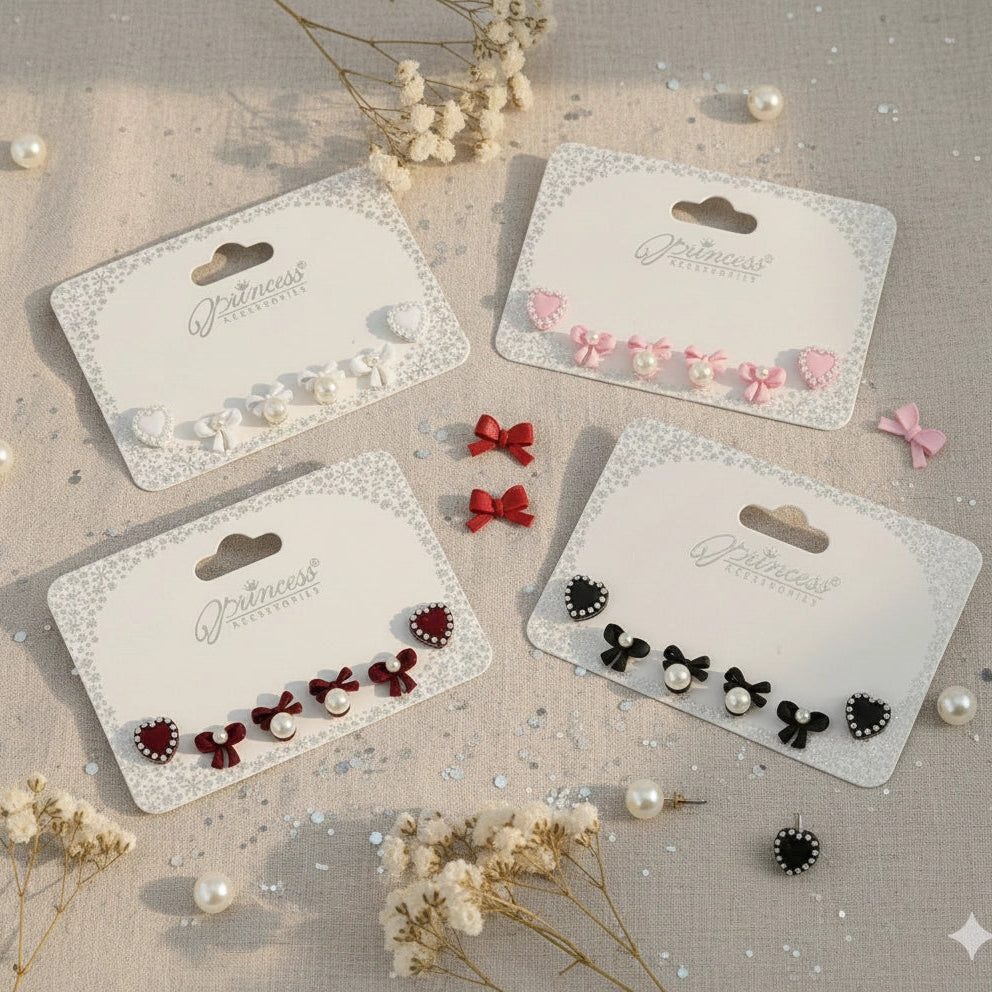 Velvet Heart, Pearl & Bow Stud Earring Set