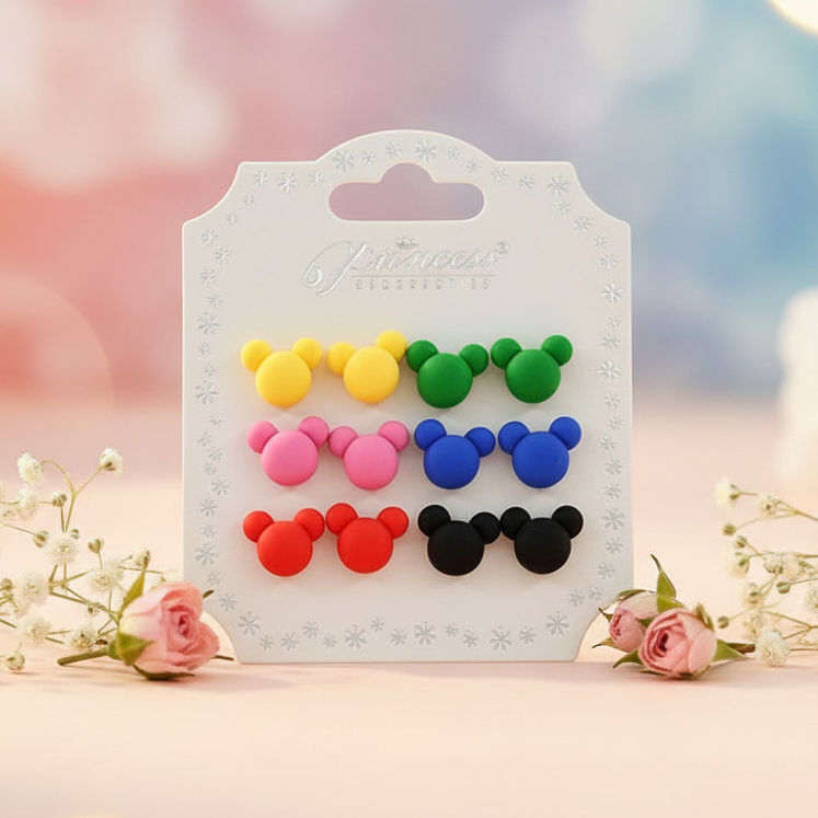 12-Piece Cute Mouse Head Stud Earrings Set for Girls & Kids – Colorful Silicone/Plastic Cartoon Earrings Set (6 Pairs) (ERM-5716M)