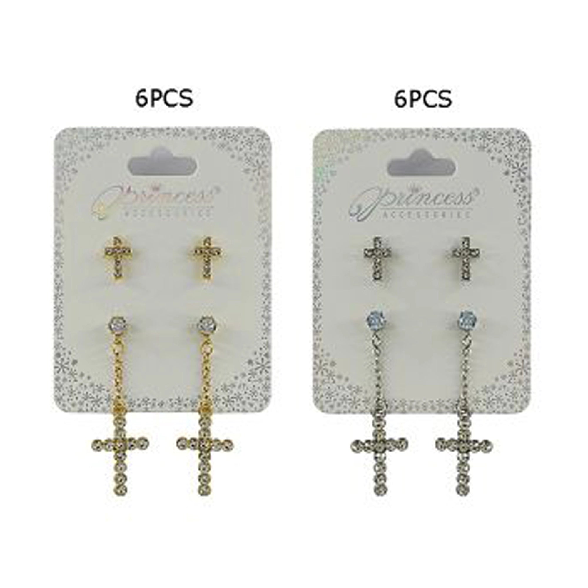 Dainty Rhinestone Cross Earring Set – 2-Pair Gold & Silver Finish Religious Jewelry Pack (ERM-60002GS)