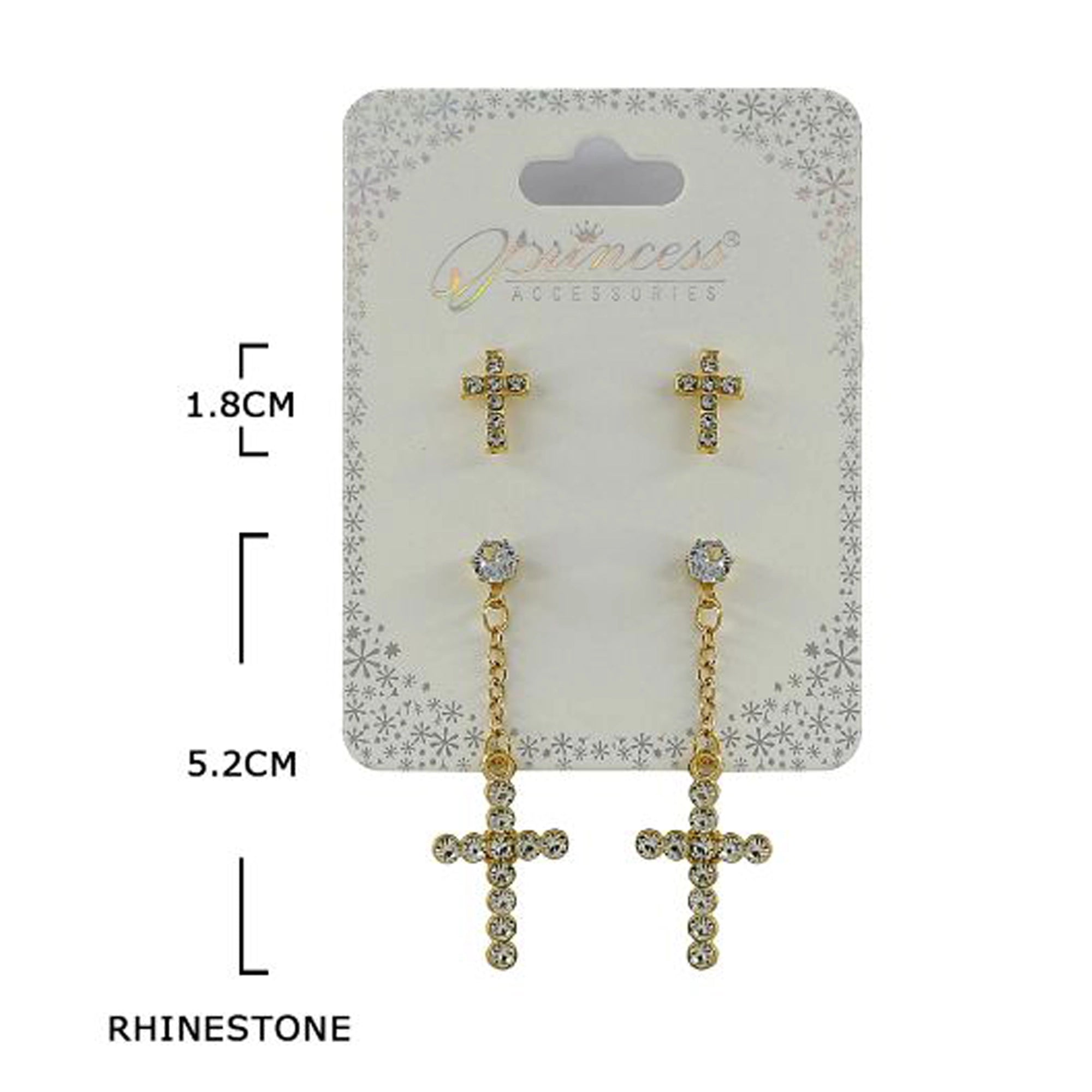 Dainty Rhinestone Cross Earring Set – 2-Pair Gold & Silver Finish Religious Jewelry Pack (ERM-60002GS)