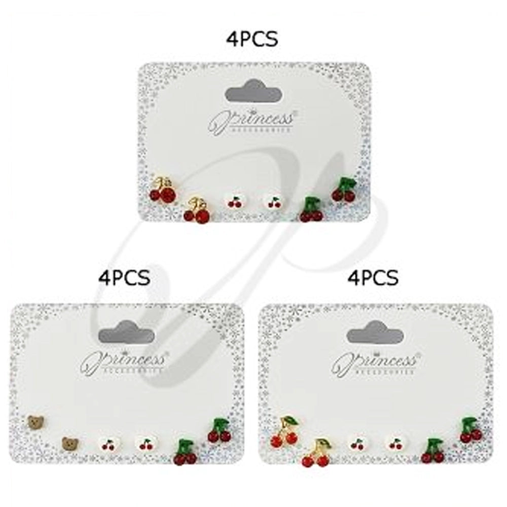 Sweet Cherry Stud Earring Set | 3 Pairs of Kawaii Fruit Jewelry | Red Rhinestone & Heart Studs for Kids and Teens