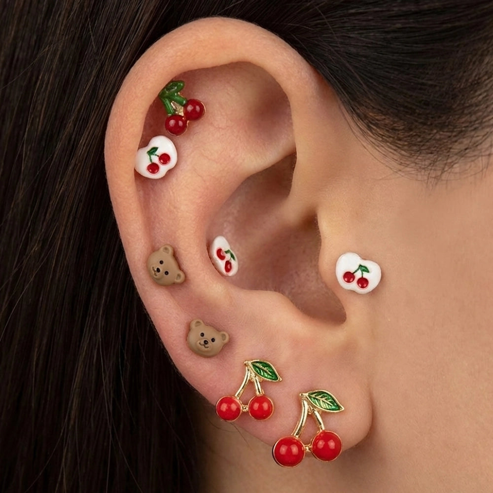 Sweet Cherry Stud Earring Set | 3 Pairs of Kawaii Fruit Jewelry | Red Rhinestone & Heart Studs for Kids and Teens