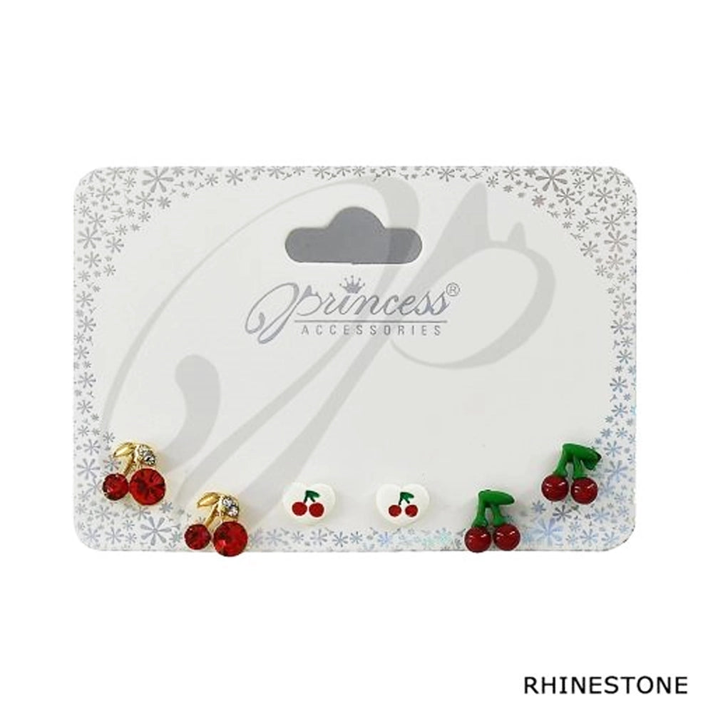 Sweet Cherry Stud Earring Set | 3 Pairs of Kawaii Fruit Jewelry | Red Rhinestone & Heart Studs for Kids and Teens