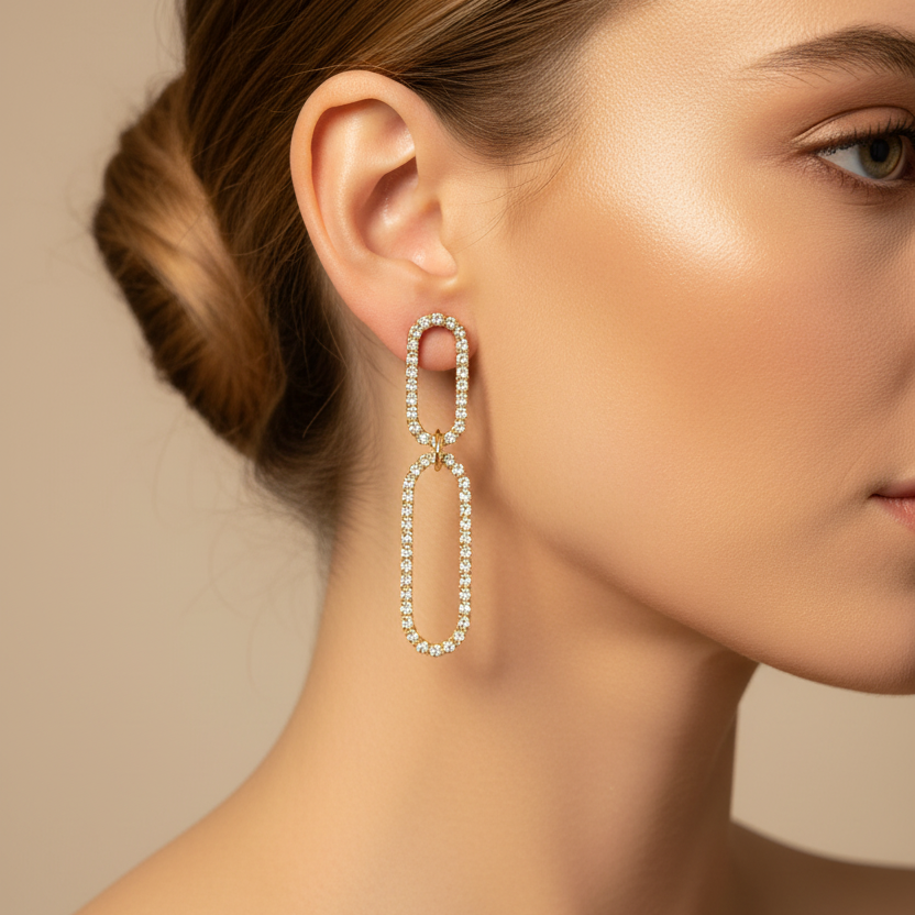 Sparkle in Style: Elegant Rhinestone Pave Double Link Drop Earrings (ES-1122GS)