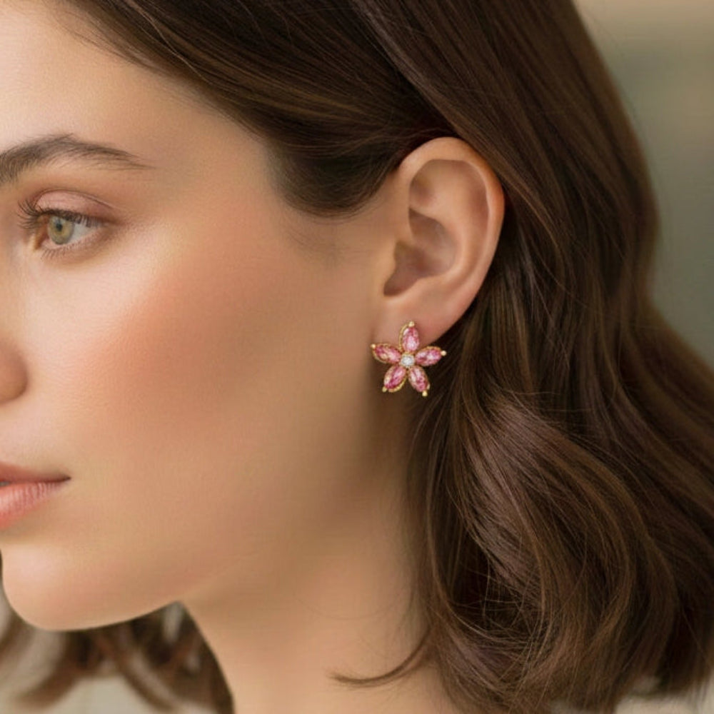 Bohemian Crystal Flower Stud Earrings - 2cm Sparkling Rhinestone Floral Petal Jewelry (ES-30218Y)