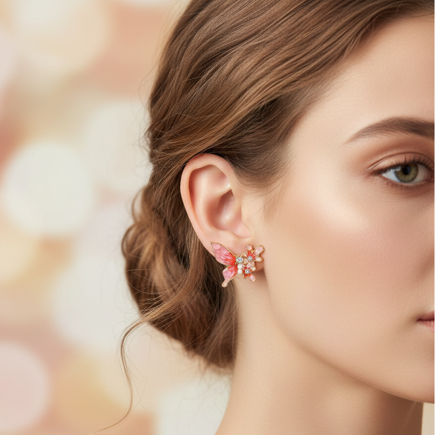 Enamel Butterfly Stud Earring Set – Vibrant Crystal & Pearl Accents (ES-30220K)
