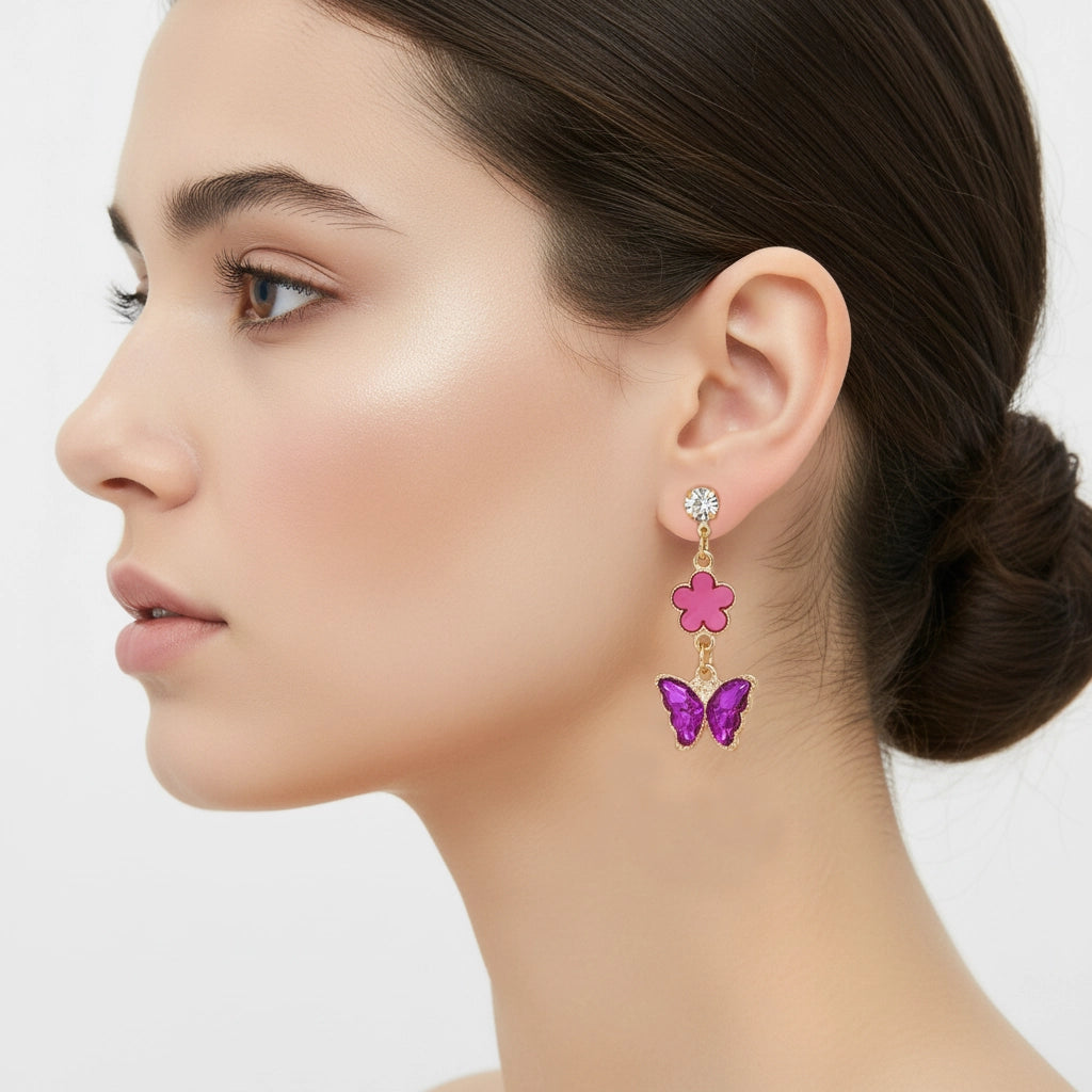 Butterfly & Flower Rhinestone Drop Earrings (ES-30228K)