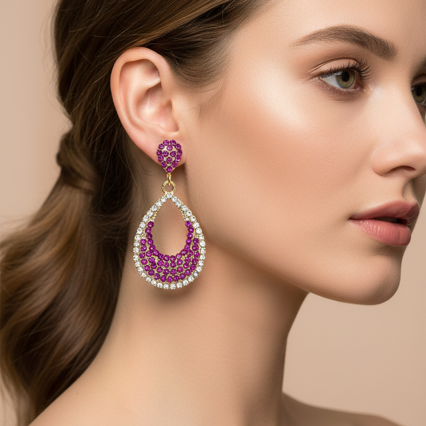 Sparkling Rhinestone Teardrop Dangle Earrings – Openwork Statement Drop Earrings for Women (5.8 cm) (ES-50146SK)