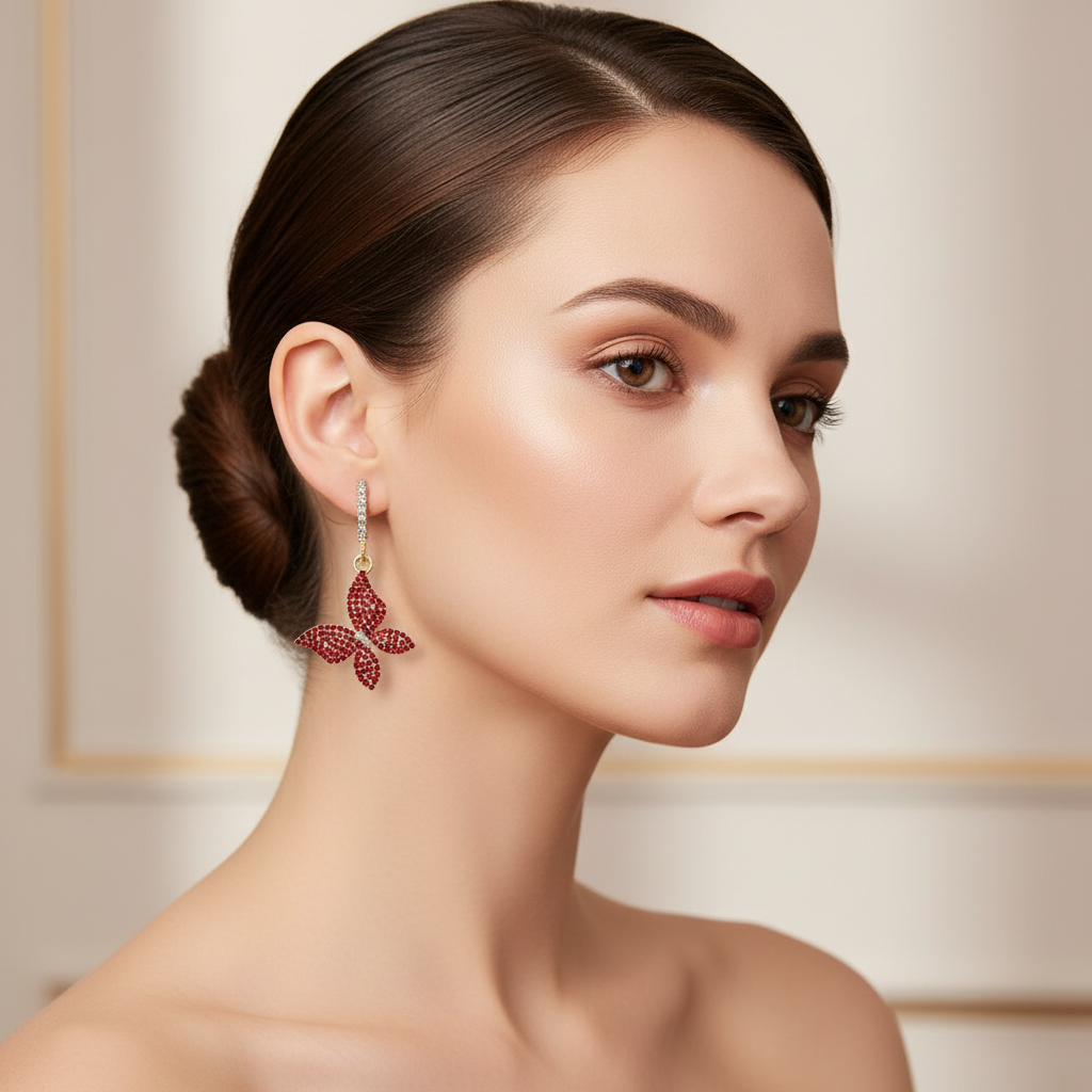 Sparkling Rhinestone Butterfly Drop Earrings for Women – Elegant Crystal Dangle Earrings for Weddings, Parties, & Evening Wear (5.5 cm) (ES-50323SNF)