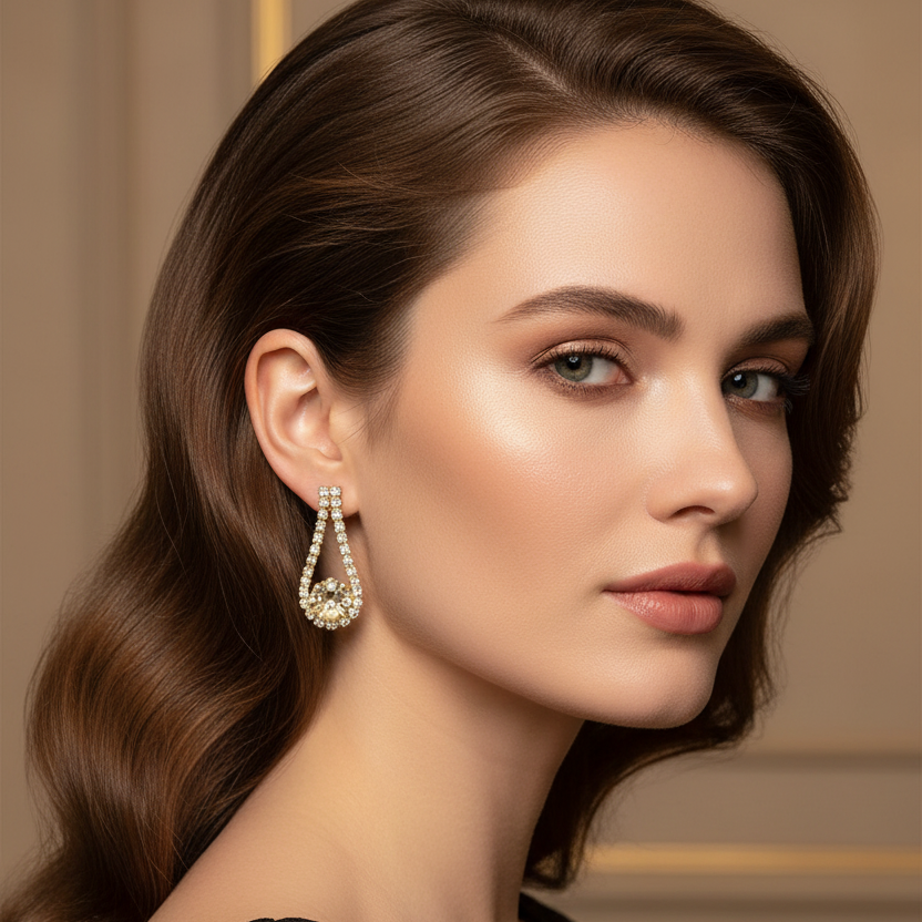 Elegant Teardrop Rhinestone Dangle Earrings - Gold & Silver Tone (ES-70222GS)
