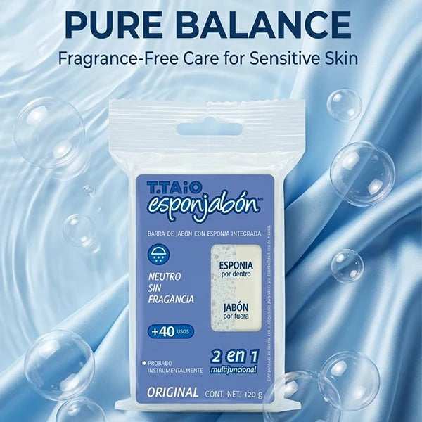 T.TAIO Esponjabón 2-in-1 Unscented Soap & Sponge Bar – Fragrance-Free Cleansing Body Soap, 120g