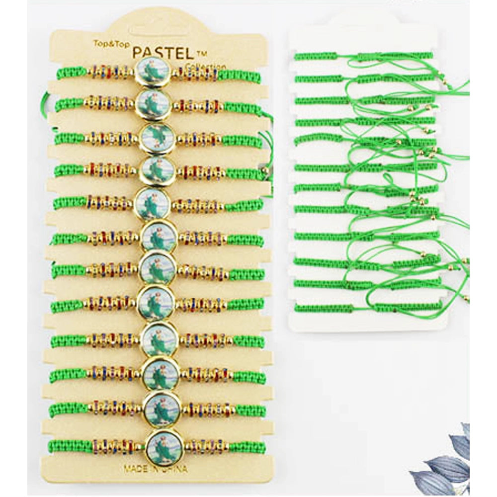 Saint Jude Thaddeus Green Macrame Bracelet Set (12-Pack) - Adjustable