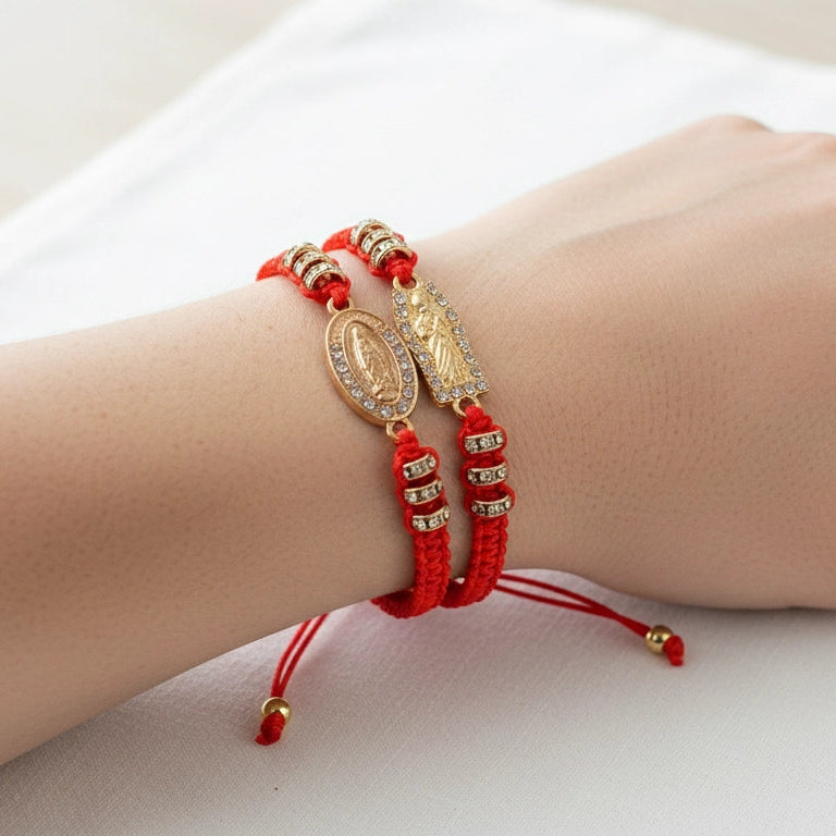 Miraculous Medal Red String Bracelet Set (12-Pack) - Gold-Toned & Adjustable