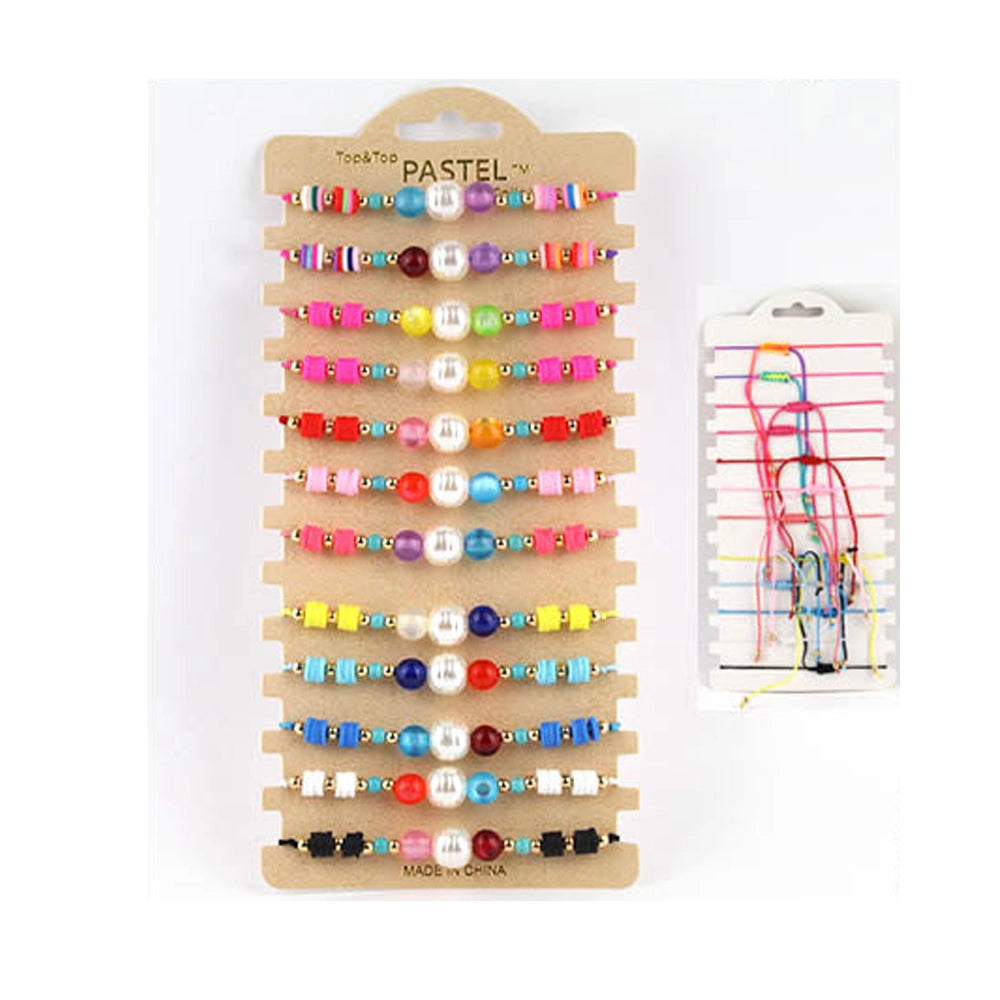 Colorful Heishi & Pearl Bead Bracelet Set (12-Pack) - Adjustable